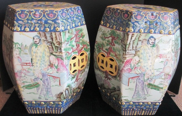 PR OF CHINESE PORCELAIN DECORATIVE GARDEN STOOLS: Five sided Grden stools. Each side depicts a different scene of Chinese society life. Floral theme throughout. Each Stools measures 18.5" Tall by 12" Wide.