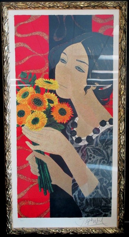 YVES GANNE LITHOGRAPH " RENDEZ-VOUS": Yves Ganne signed with C.O.A. titled "Rendez-Vous" measures 27" Tall by 13>5" Wide. Beautiful Woman holding Daisy's in her Hand.