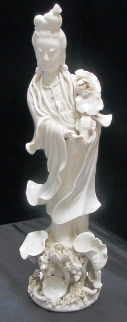CHINESE BLANC DE CHINE PORCELAIN QUAN YIN: Porcelain Standing Quan Yin on Lotus Throne. Holding Ruyi Scepter in Right Hand Wearing Manderain Necklace Flowing Robes. Measures 12" Tall Weights: 852.60 Grams