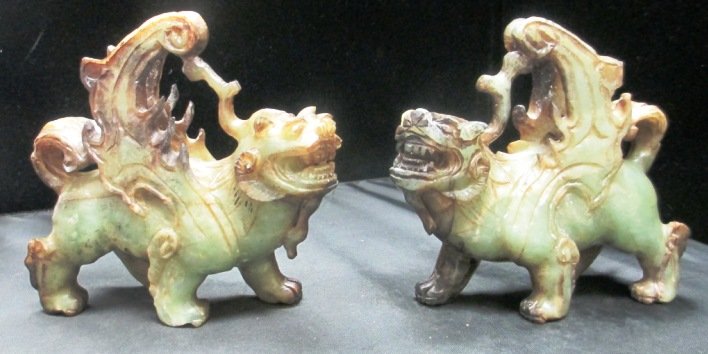 PAIR OF JADE FOO LIONS HAN DYNASTY STYLE: Nice pair of Jade Foo Lions 5" Tall by 5.5" Wide. Weights 579.50 Grams Each