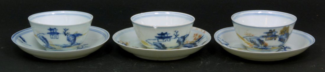 3 CHINESE NINKING CARGO BLUE & WHITE CUP & SAUCERS: A lot of three Chinese hand painted blue and white Nanking Cargo ship tea cups with three saucers. Each cup measures approx. 1 5/8" height (4.1cm). Saucers measure approx. 4 1/2" diameter (11.4cm). To