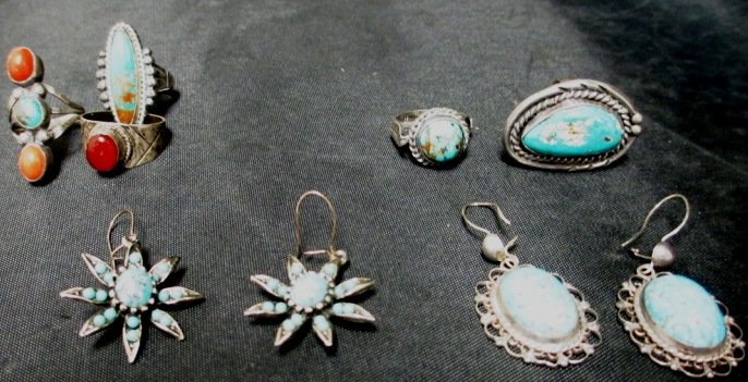 LOT OF STERLING SILVER TURQUOISE RINGS & EARRINGS