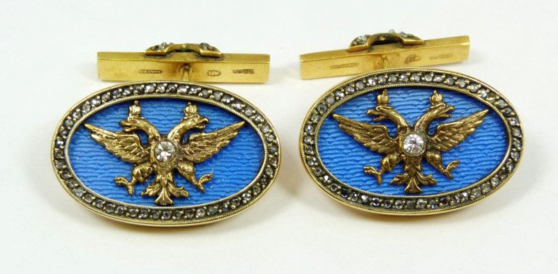 IMPERIAL RUSSIAN GOLD & DIAMOND CUFF LINKS: MEN'S DRESS SET. Exquisite Russian made cuff links in the style of Faberge. 14kyg, each featuring the Imperial Russian Coat of Arms atop guilloche enamel. Enhanced with platinum topped diamond bezels.