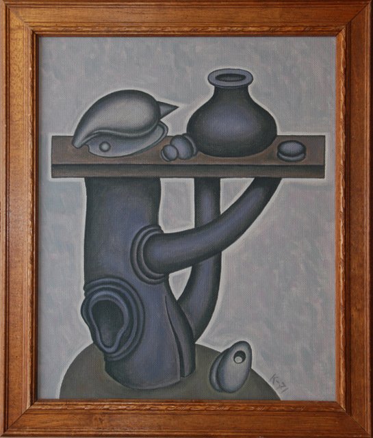DMITRY KRASNOPEVTSEV OIL PAINTING ON ORGOLITE: Dmitry Krasnopevtsev (RUSSIAN, 1925-1995) oil painting on orgolite. Still life depicting a bottle of mead suspended by stick and logs while balancing. Signed K-89 lower left hand corner. Attributed to