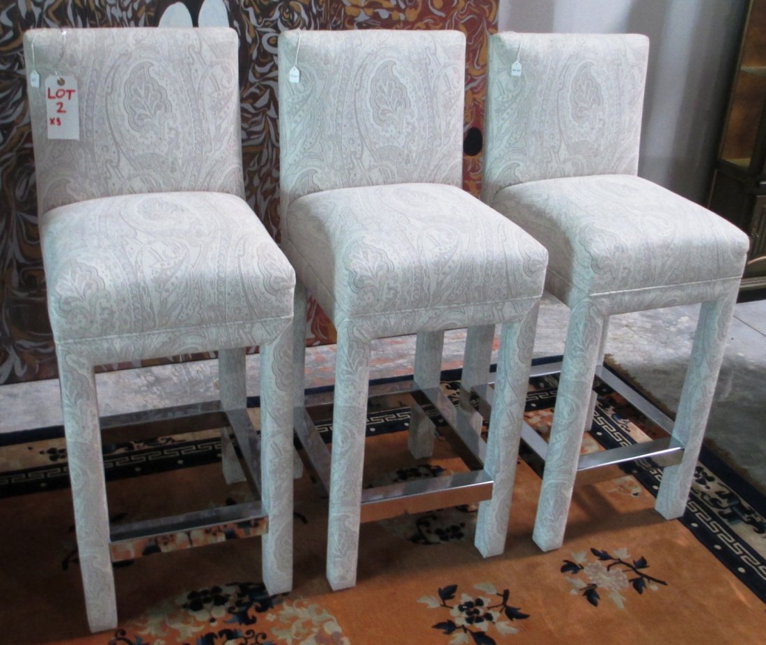 THREE CUSTOM BAR STOOLS WITH FABRIC AND CHROME BA: THREE CUSTOM BAR STOOLS WITH FABRIC AND CHROME BA