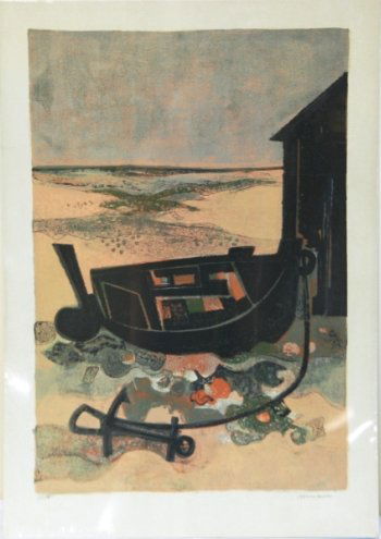 MIN WAE AUNG LITHOGRAPH 69 / 76 LANDSCAPE SCENE MIN: MIN WAE AUNG LITHOGRAPH 69 / 76 LANDSCAPE SCENE MIN WAE AUNG LITHOGRAPH 69 / 76 LANDSCAPE SCENE. Depicting Abstract Scene with Land and Sea in distance. Measures 29.5' by 21".