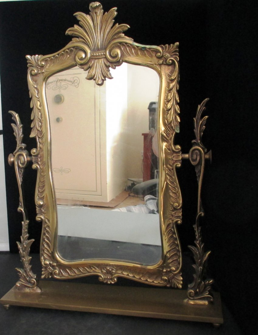 ANTIQUE ITALIAN BRONZE SWIVEL MIRROR: Stamped Made in Italy on Back Scroll Design Beautiful Table Top Mirror. Measures 13" Wide by 17" Tall