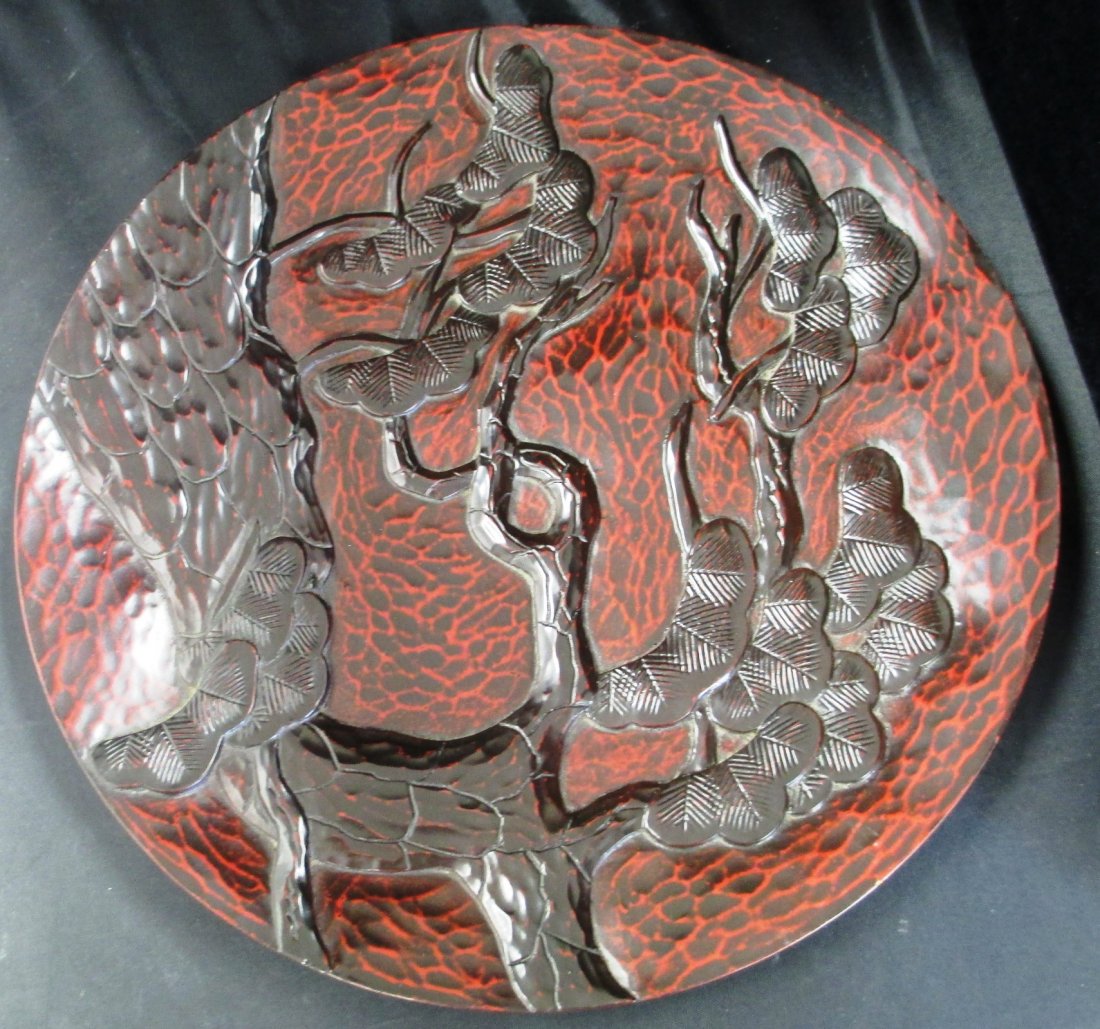 CHINESE LACQURED WOOD PLATE BAMBOO TREE DESIGN Wood: CHINESE LACQURED WOOD PLATE BAMBOO TREE DESIGN Wood Lacquered Plate Bamboo Tree design on Front. Signed on Back. Measures 13" Diameter.