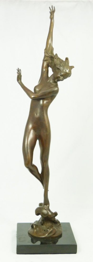 HARRIET FRISHMUTH 'CREST OF THE WAVE' BRONZE: Bronze sculpture depicting a woman standing on a wave Harriet Whitney Frishmuth (AMERICAN, 1880-1980). Titled 'Crest of the Wave'. Mounted on square black marble base. Side of bronze base holds signat