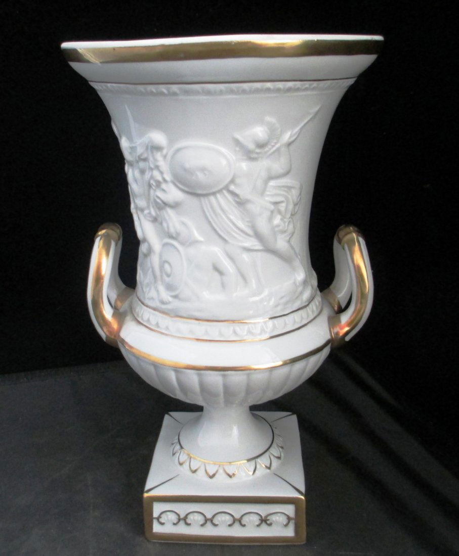 CAPODIMONTE PORCELAIN IVORY AND GOLD LIDDED URN Two: Two Handles Measures 11" Tall by 5" Wide. Mythical Scenes surround Urn.