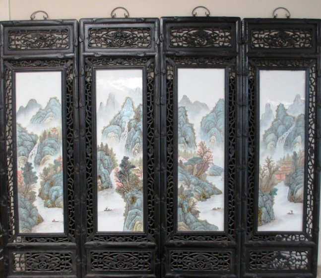 CHINESE ANTIQUE PORCELAIN AND WOOD SCREENS: Large Antique Porcelain and Wood Hanging Wall Screens. Carved Wood with Porcelain Inserts. Each Screen depicts that of a different Landscape Scene. Each panel measures 48" Tall by 14.5" Wide. Porcelai