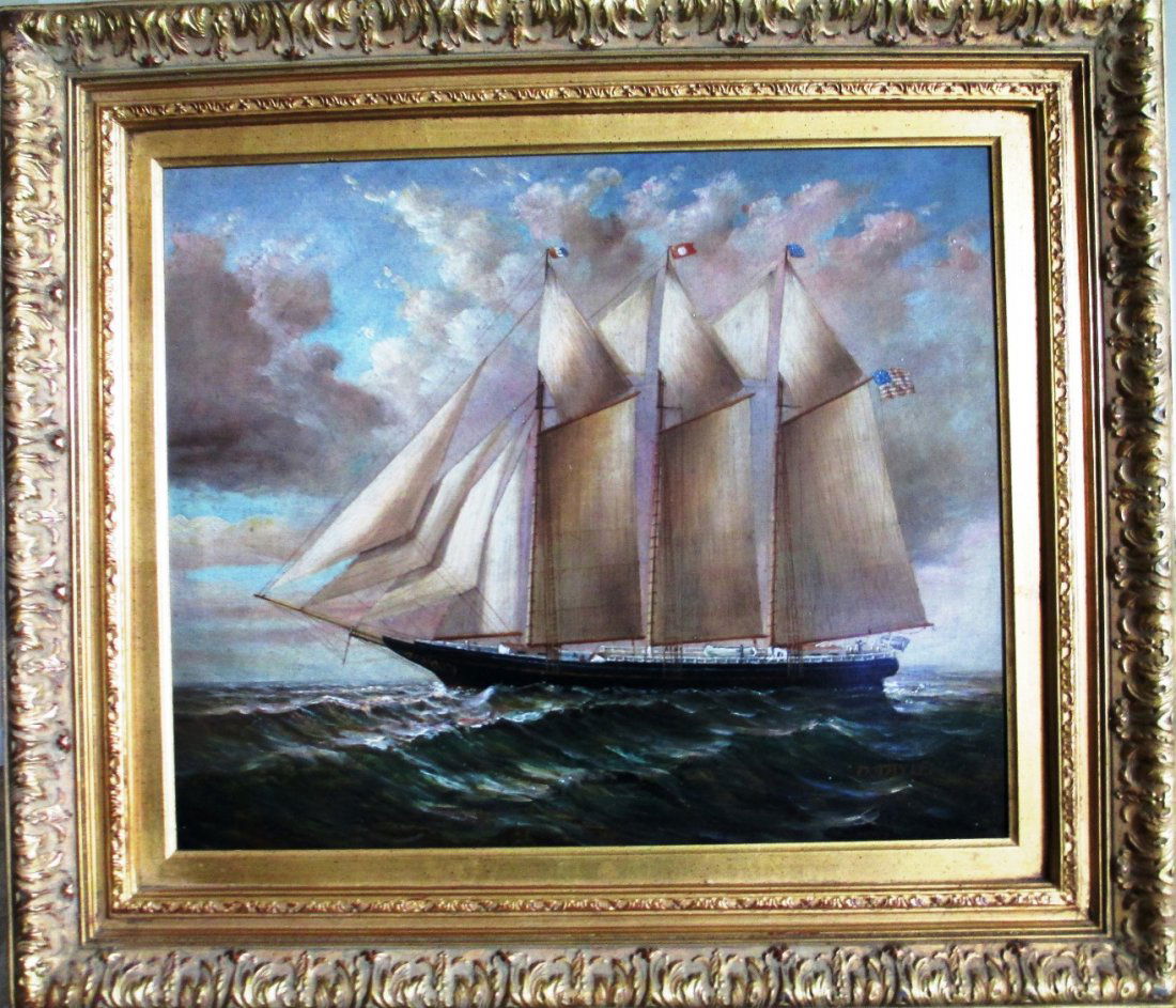 OIL ON CANVAS BY D. TAYLOR THREE MASTED SCHOONER Oil: OIL ON CANVAS BY D. TAYLOR THREE MASTED SCHOONER Oil painting by D. Taylor Three Mast Rigged Schooner riding the waves Sails unfurled in rough seas. Measures 20" by 24" comes in Ornate Gold Wood Frame
