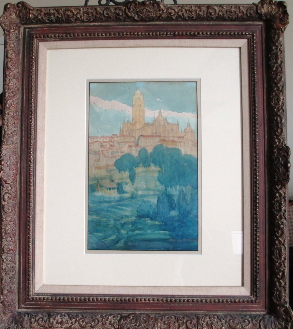 WATERCOLOR "THE CATHEDRAL AT SEGOVIA SPAIN" 1929: Painted by Sidney M. Wiggins Measures 20" by 24" Comes in Reddish wood Victorian Frame covered by Glass.