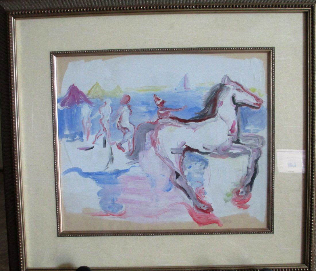 T. WHITE ORIGINAL OIL ON CANVAS PASTEL COLORS: Oil on Canvas by T. White Horse Nudes, and Sail Boats by the Sea. Measures 11" by 13" comes in Gold Metal frame covered by Glass.