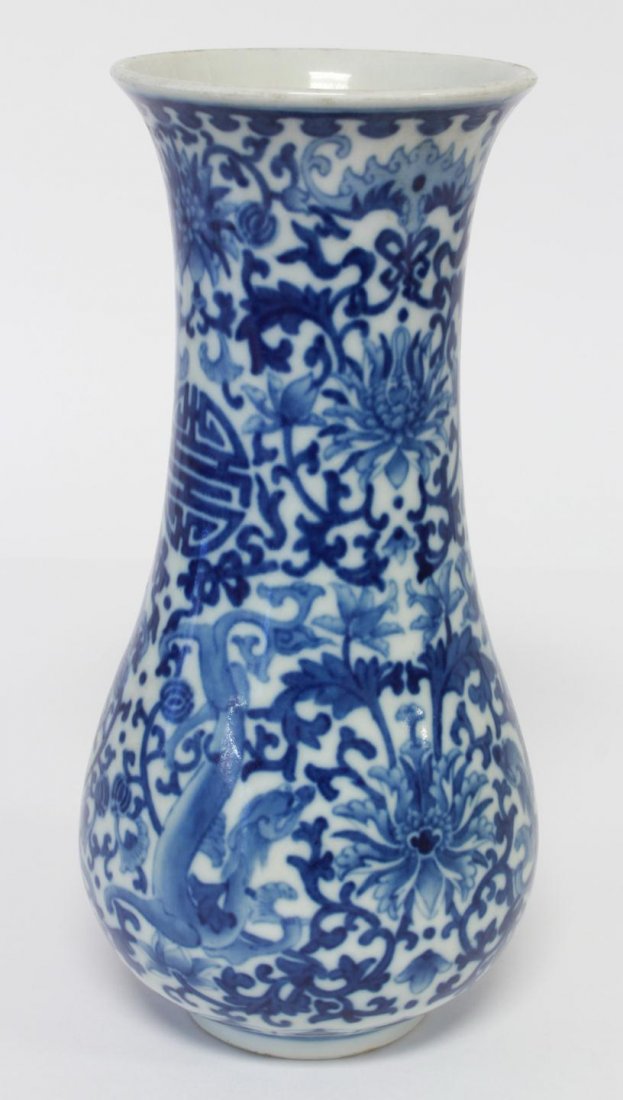 19TH C. CHINESE BLUE AND WHITE PORCELAIN VASE: Chinese blue and white porcelain round vase depicting Lotus Blossoms with bats scrolled vines symbols and Chihlung dragons. Bottom holds blue calligraphy six character Guangxu rain mark. Measures 10.2
