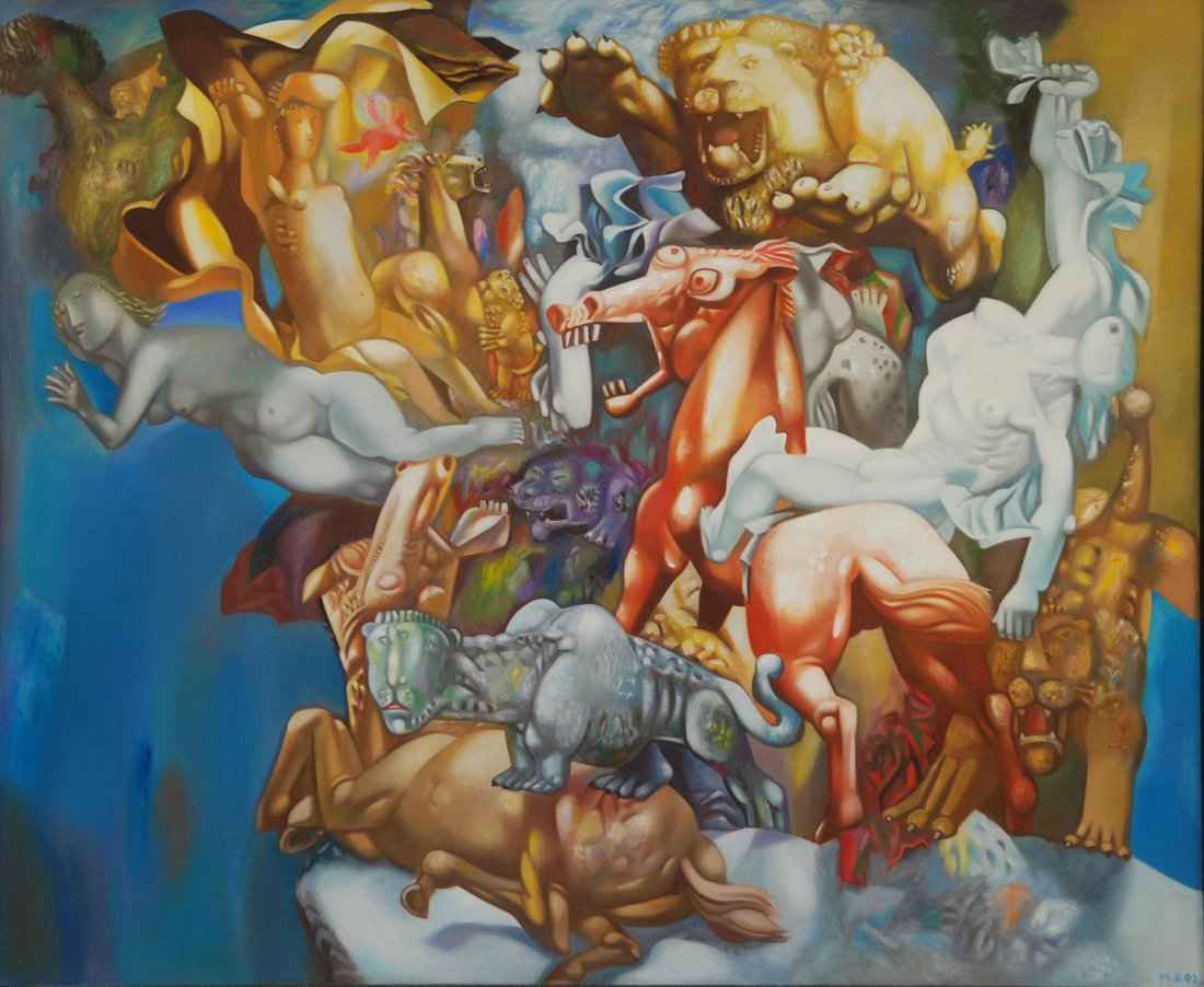 MIKHAIL BRUSSILOVSKY LARGE OIL PAINTING ON CANVAS: Mikhail (Misha) Brussilovsky (RUSSIAN, 20th century) oil painting depicting people and animals. Signed and dated 1992 in Cyrillic to verso. The work is titled “Ekaterinburg-New York, Romantic Subjec