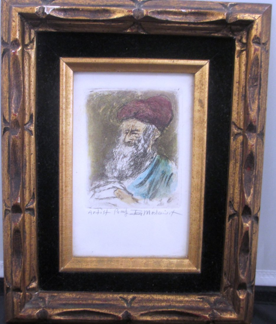 ETCHING BY ARTIST IRA MOSKOWITZ: Etching depicts that of an Old Jewish man with Grey Beard and Red Hat. Comes in a Thick Wood Frame.