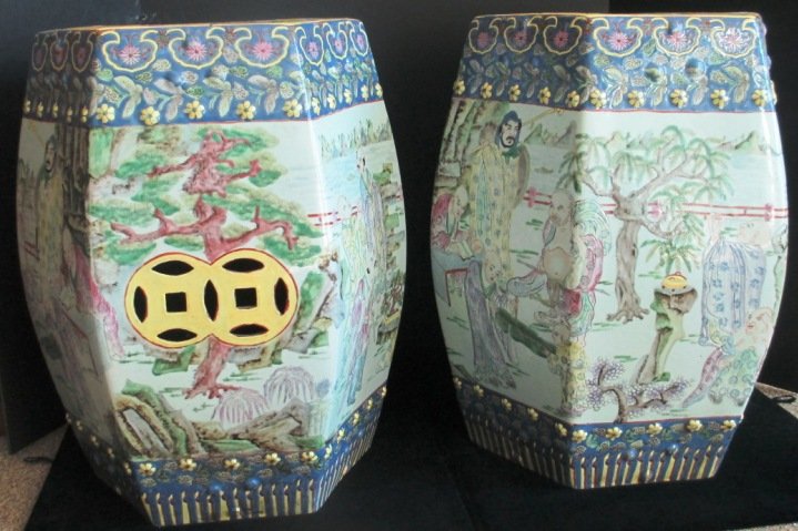 PR OF CHINESE PORCELAIN DECORATIVE GARDEN STOOLS: Five sided Garden stools. Each side depicts a different scene of Chinese society life. Floral theme throughout. Each Stools measures 18.5" Tall by 12" Wide.