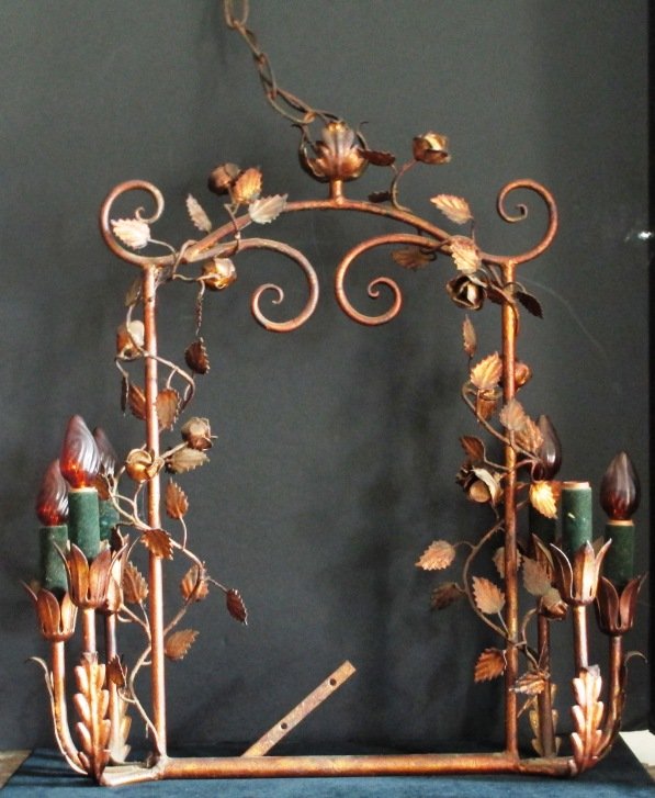 ART DECO WROUGHT IRON LIGHTED WALL SCONCE: 1920'S Gold leaf Six Light Wall Sconce. Art Deco measures 22" by 20"