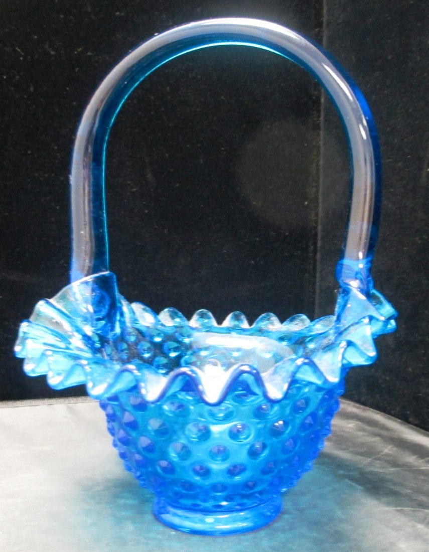 FENTON HOBNAIL GLASS BASKET: FENTON HOBNAIL GLASS BASKET Comes with Large Glass Stamp on bottom. Crimped Top. Measure 8" Tall