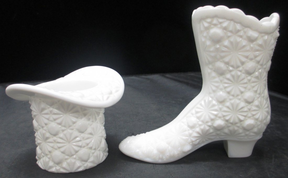 FENTON SET OF CIGARETTE HOLDER AND ASHTRAY: FENTON SET OF CIGARETTE HOLDER AND ASHTRAY Milk Glass Fenton Cigarette Holder and Ashtray. Boot Measures 4 1/2" Tall Hat measures 2 1/2" Tall