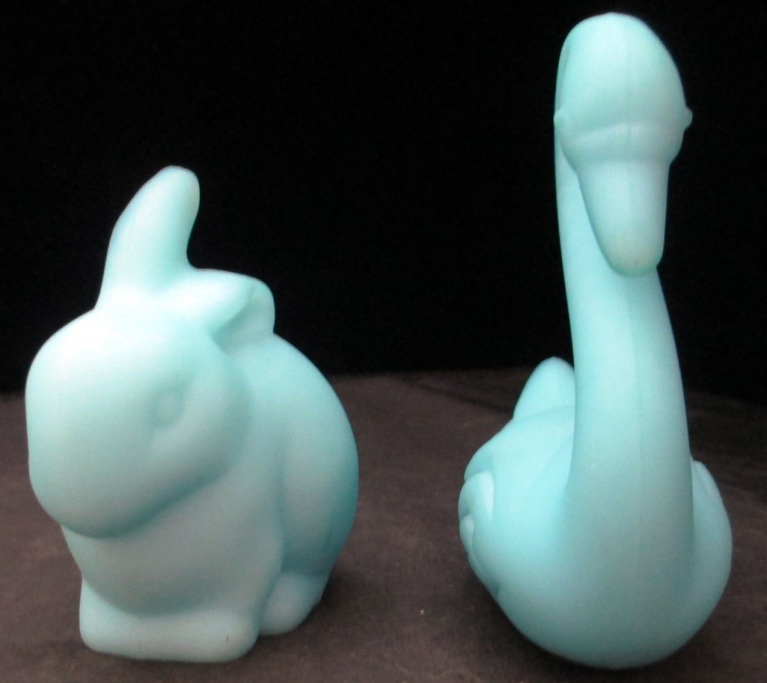 LOT OF 2 FENTON FIGURINES Bunny: LOT OF 2 FENTON FIGURINES Bunny Rabbit and Swan rare Blue Green color Rabbit measures 4" Tall Bunny 3 1/2" Tall