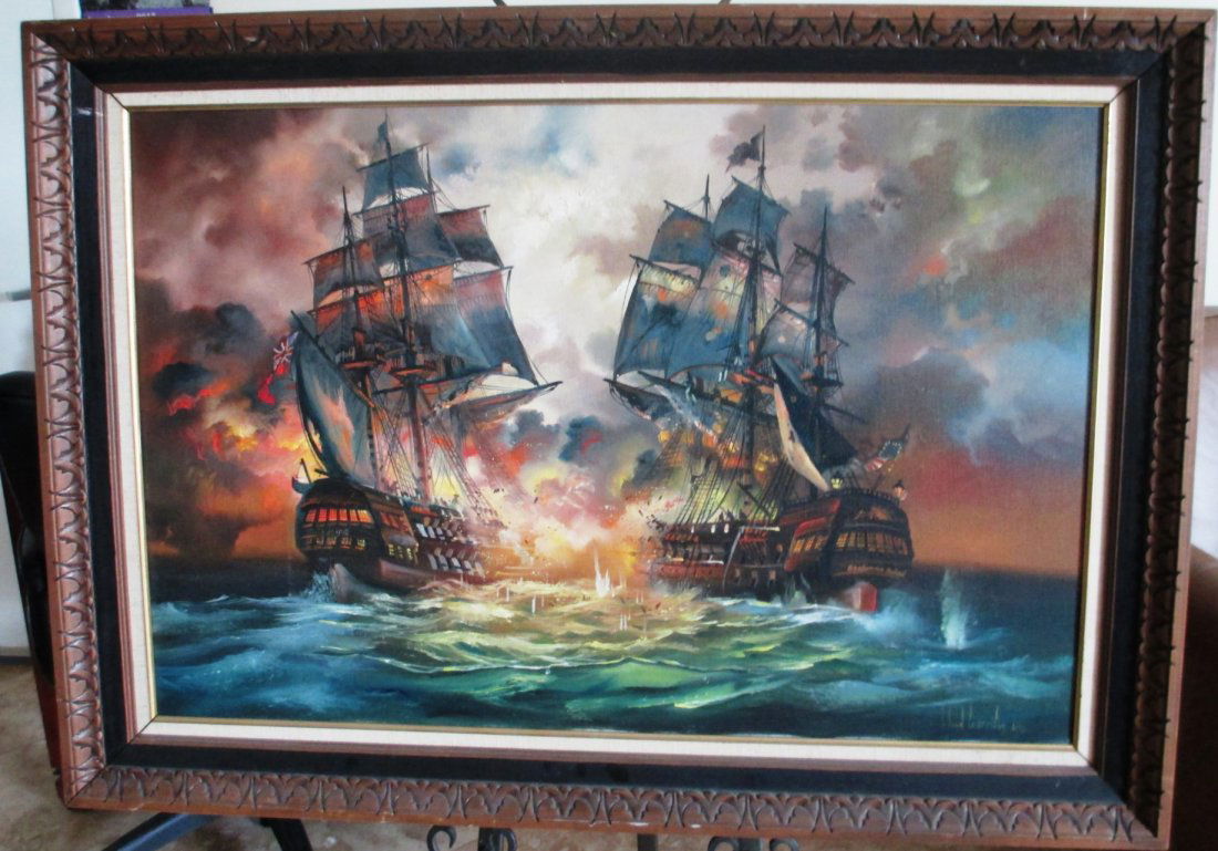 OIL ON CANVAS BY LLOYD GARRISON: OIL ON CANVAS BY LLOYD GARRISON Depicts that of the Capture of the English Battle Ship Serapis by the American warship USS Bonhomme in 1779. Measures 36" by 24"