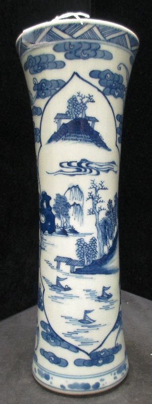 CHINESE PORCELAIN LANDSCAPE VASE: Blue and white vase depicting a landscape with bats flying throughout. Measures 10" (25 cm) height. Weighs 699 grams.