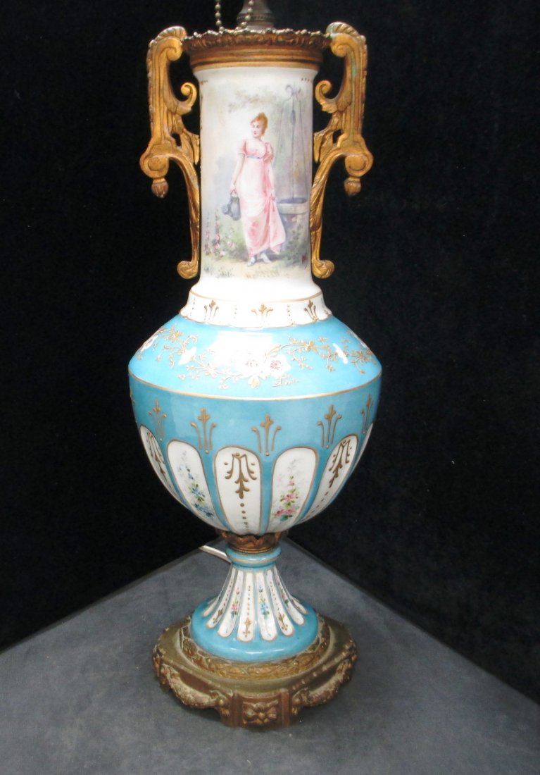 FRENCH MID 18TH C SEVRES PORCELAIN URN SIGNED DALY: Early Sevres Mark dates to 1750'S Imperial Factory made. Hand Painted Porcelain Urn style French masterpiece. Converted to lamp early 20th Century. Signed Daly on front below Hand Painted Portrait of 