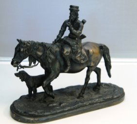 ORIGINAL BRONZE BY VASILII GRACHEV (1831-1905): VASILII GRACHEV (1831-1905), A RUSSIAN BRONZE GROUP OF A HUNTER WITH BORZOI depicted smoking a pipe inscribed with signature and with WoerffeL Foundry. Measures 9" Long by 7" Tall.