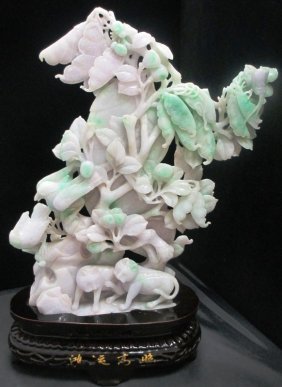 JADEITE CARVING TRANSLUCENT HARMONY & NATURE SCENE: Exquisite carving of Lavender, & Light Green Jadeite Mid 20th Century Nature Scene with Peapods, Birds, Flowers, and Cats all intertwinded in Peace and Harmony. Measures 12" Tall by 10.5" Long Custom 