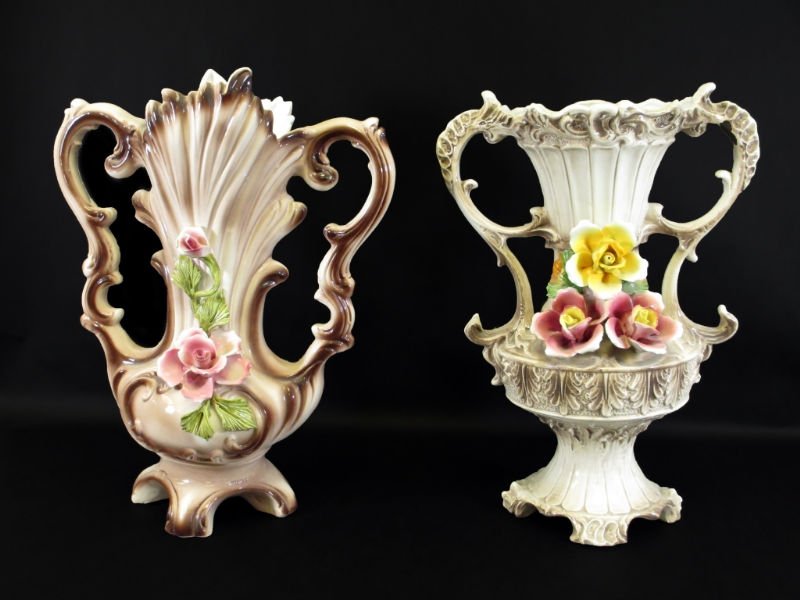 PAIR OF ITALIAN CAPODIMONTE PORCELAIN FLORAL VASES: Pair of Capodimonte Porcelain Two Handle Floral Vases. Each measures 17" Tall by 13" Wide
