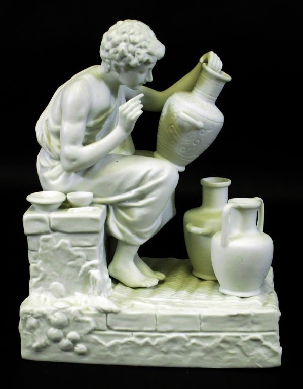 WHITE BISQUE PORCELAIN FIGURE OF GREEK LADY: Figure depicts a Robe Greek Lady with Vases. Bears 2 Crossed Arrows as makers mark. Measures 8" Tall by 6" Long.