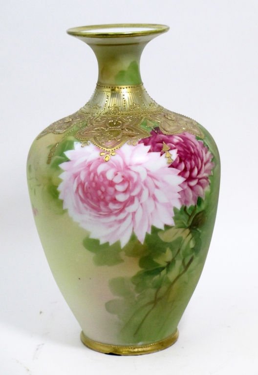 JAPANESE HAND PAINTED NIPPN FLORAL VASE: Gold encrusted Floral Vase stamped on bottom Hand Painted Nippon. Measures 9" Tall.