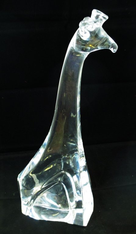 DAUM CLEAR GLASS GIRAFFE SCULPTURE SIGNED DAUM: Depicting clear glass Giraffe, signed 'Daum, measures 16" Tall circa 20th century. Sleek style Giraffe in excellent condition.