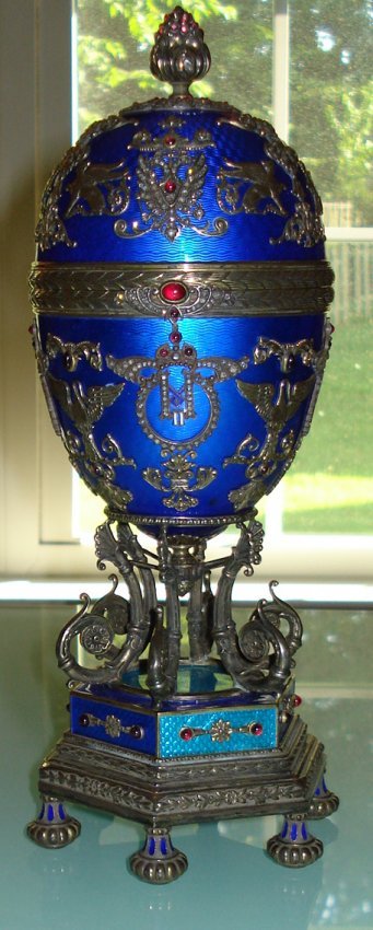 HUGE RUSSIAN SILVER ENAMEL EGG WITH DIAMONDS: Huge Russian blue guilloche enamel on silver egg with diamonds, with hidden surprise nephrite jade perfume bottle. measures with base- 10.5" H without-7.5 " H