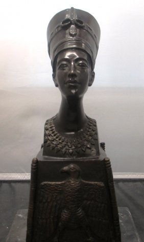 ANTIQUE EGYPTIAN QUEEN NEFERTITI BRONZE BUST: Queen Nefertiti Bronze Bust with Horace and Hieroglyphicson Bottom. Comes on Black Marble Base. Measures 15" Tall.
