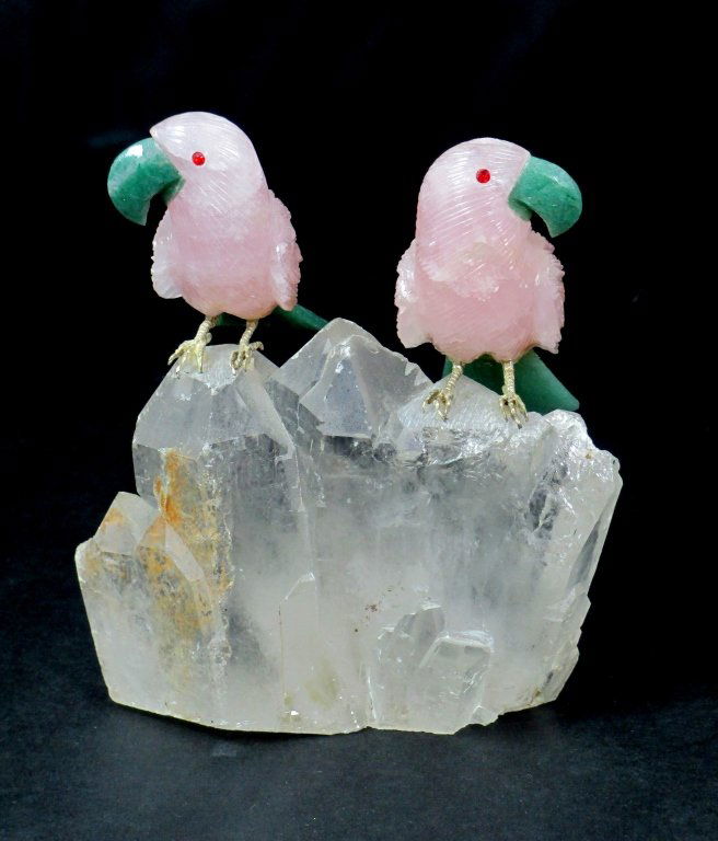 HAND CARVED CRYSTAL, ROSE QUARTZ, JADE PARROTS: Interesting Carving of a pair of Parrots perched a top a Crystal Mountain. Parrots are carved of Rose Quartz and Jade. Sculpture measures 5" Tall by 4 1/2" Wide weights 672.1 Grams.