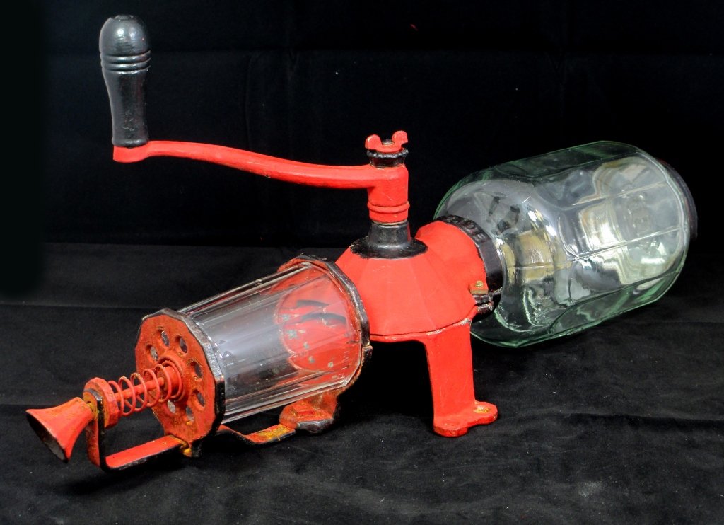 ANTIQUE CRYSTAL ARCADE #4 COFFEE GRINDER: Original Glass Antique 1920's Coffee Grinder. Measures 19" Tall