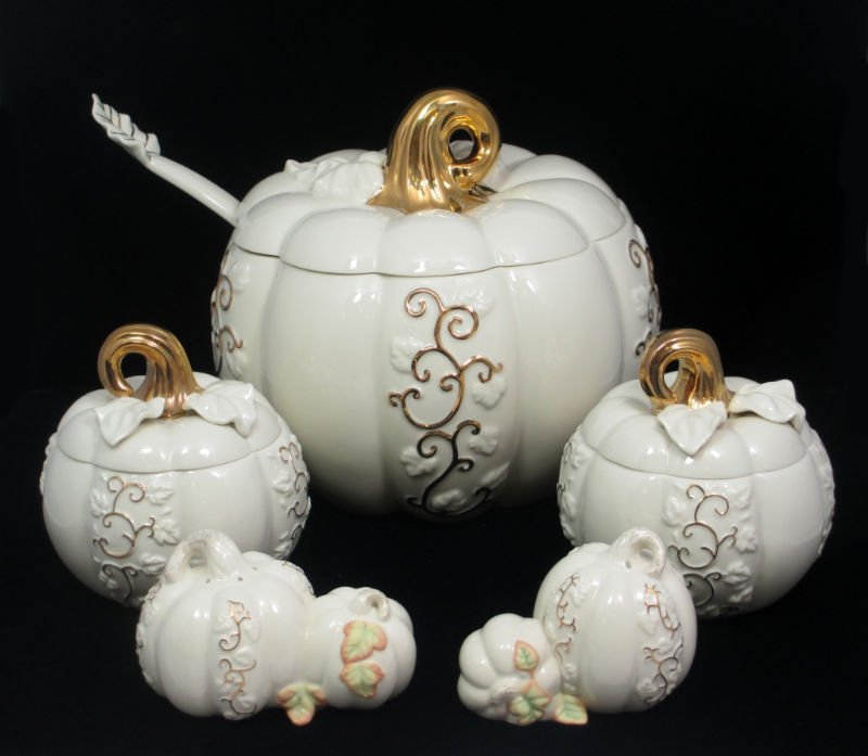 LENOX GOLDEN HARVEST PUMPKIN BOWL, SUGAR CREAMER: Sculpted vines touched with gold make their way up the sides of the Bowl,sugar ,creamer, and Salt & Pepper Shakers. A sculpted stem serves as the finial on all pieces. Crafted of fine porcelain and pa