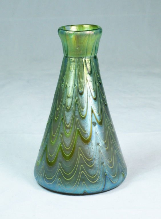 LOETZ STYLE SWIRL PATTERN VASE: iridescent color Loetz Style Glass Vase measures 5" Tall Antique Glass