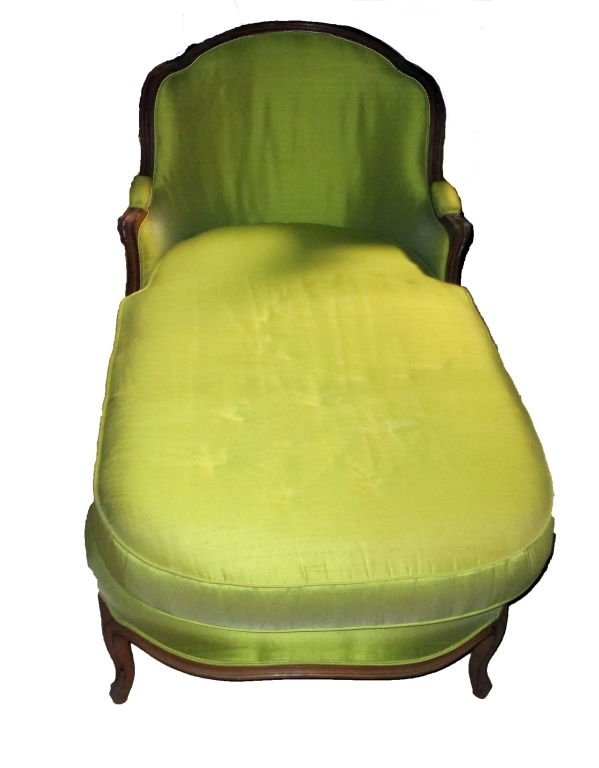 ORIGINAL ANTIQUE LOUIS 14TH CHAISE LOUNGE: Green Silk Measures 62" Long by 32" Tall Providence comes from the Estate of Count Erik Lewenhaupt