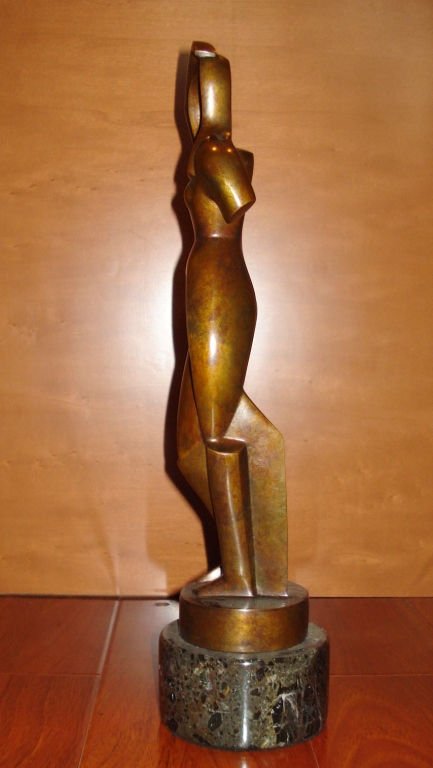 RUSSIAN ABSTRACT BRONZE SCULPTURE ARCHIPENKO: Russian abstract bronze figure with brown patina Alexander Archipenko (UKRAINIAN, 1887-1964). Signed 'ARCHIPENKO' and dated 1915. Mounted on marble base. Measures 16" Height . (14" not including base.