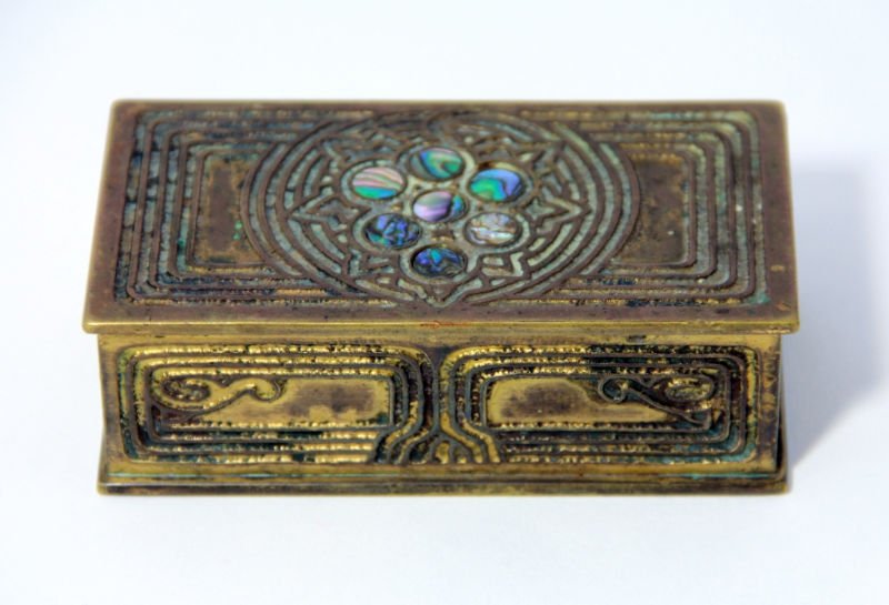 TIFFANY STUDIOS BRONZE ABOLONE STAMP BOX: Tiffany Studios New York Abalone pattern Stamp Box measures- 1 1/4" high x 3 7/8" wide x 2" deep.