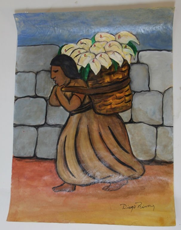 DIEGO RIVERA WATER COLOR ON PAPER: Attributed to, and Signed Lower Right Corner Diego Rivera Ethnic Girl carrying basket full of Flowers Measures 18 1/2" by 13 1/2"
