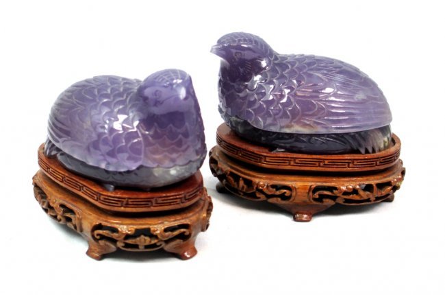 PR PURPLE AMETHYST GAME BIRD CARVING TRINKET BOXES: Unique Carvings each 2 pc that open up to store either Rings or function as Pill Box. Translucent Purple Game Birds measures 3" by 2" weight 125.6 Grams each come on custom Wood Base
