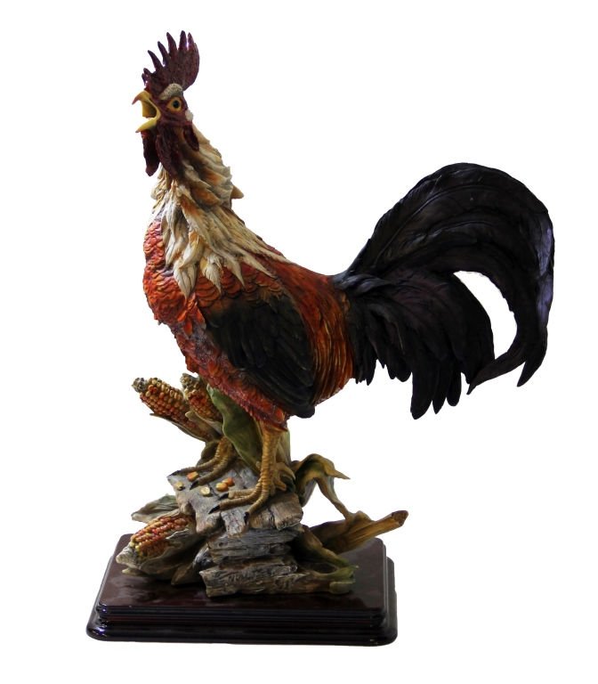 LARGE CERAMIC AND COMPOSITE DEAR ROOSTER FIGURE: Hand Painted incredible Roooster Figure by Dear Italy. Stamped with Dear Italy on Side and Dted 1997 Depicts Rooster standing on Wood Box filled with Corn on the Cob. Measures 20" Tall by 18" Long Sta