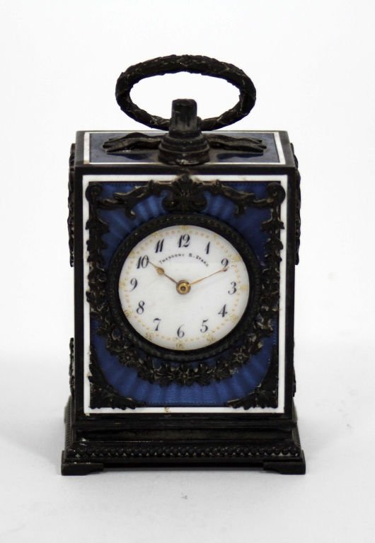 NOCTURNE GUILLOCHE DESK CLOCK BY THEODORE B. STARR: This is an Antique Minute Repeater Carriage Clock movement is Swiss Made 12 Jewel. Clock dates to 1890's Bronze Wreath Design over Blue Guilloche Face is Porcelain with Gold with Theodore B. STARR nam