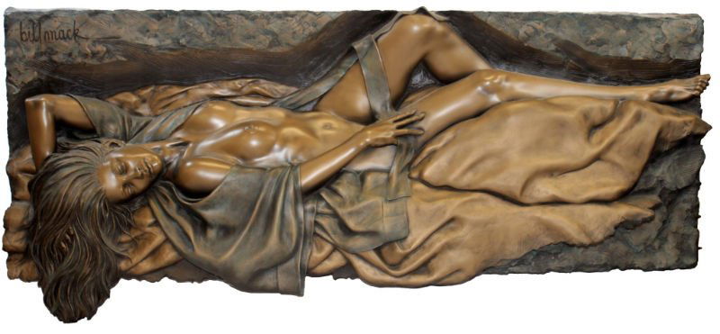BILL MACK BONDED BRONZE RECLINING NUDE: Bill Mack American-Minnesota (born1949- ) Bonded Bronze Relief Sculpture "Reclining Nude" Signed Bill Mack Upper Left and Information Sheet en Verso. Measures 26" by 70"