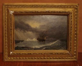 19TH C RUSSIAN OIL ON BOARD IVAN AIVAZOVSKY: 19 Century Russian Seascape Oil Painting on board attributed to Ivan Aivazovsky. Unsigned Measures: 8.75\" x 6.5\" / 12.5\" x 9.5\" with frame